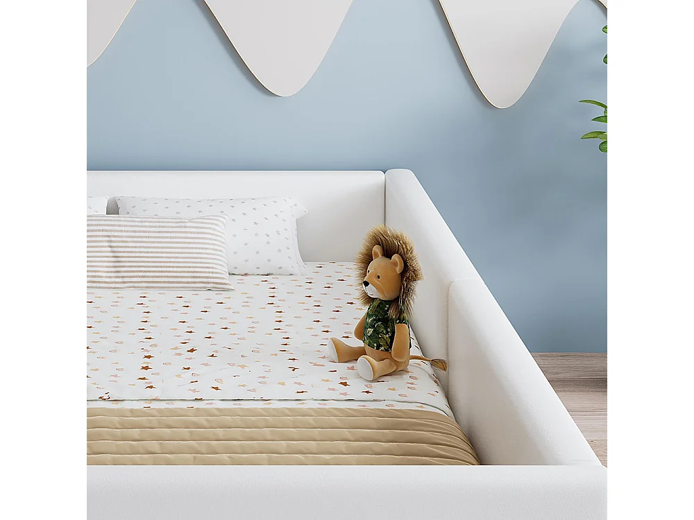 Cama infantil 140 x 200 cm, em PU, equipada com 3 bolsos de arrumação práticos, bordas pespontadas, estrutura em PU e contraplacado, branco