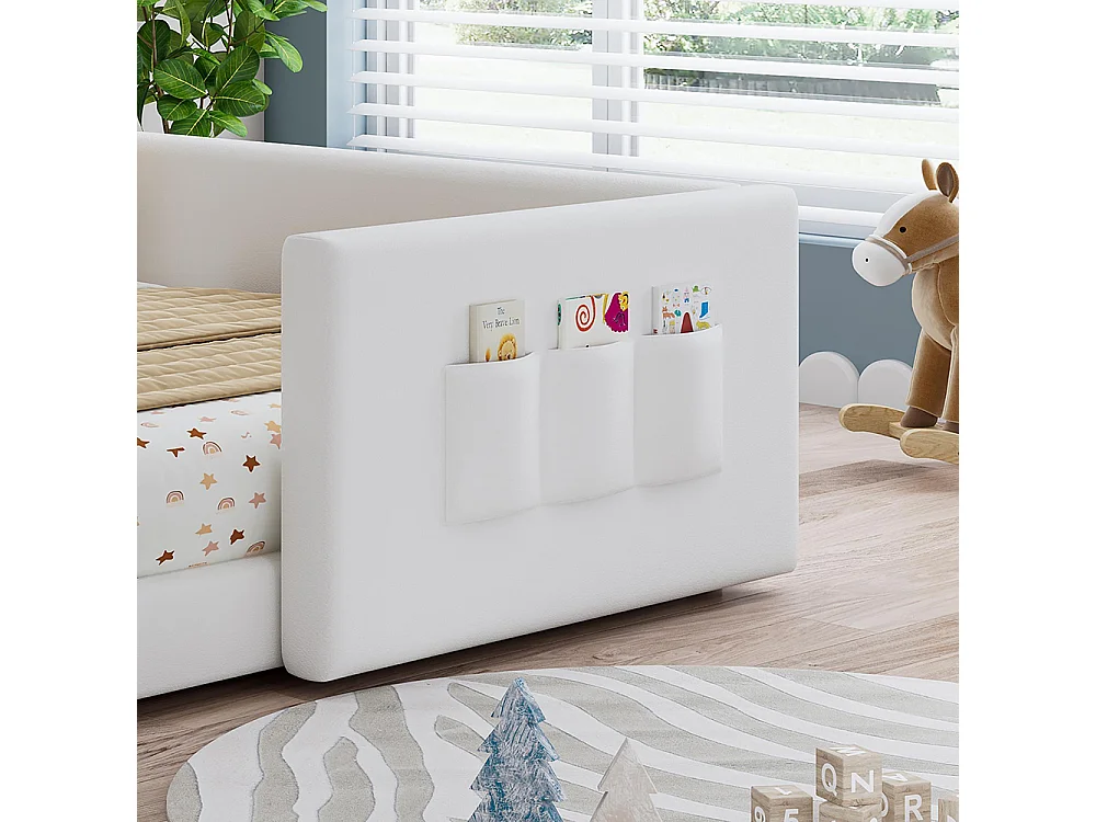 Cama infantil 140 x 200 cm, em PU, equipada com 3 bolsos de arrumação práticos, bordas pespontadas, estrutura em PU e contraplacado, branco