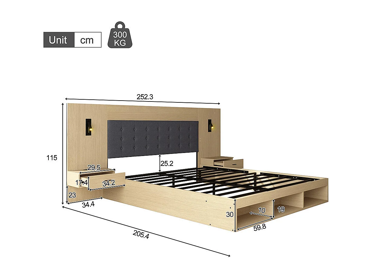 Lit double 180 × 200 cm, équipé d'une station de recharge USB et Type-C ainsi que d'une lampe de lecture, avec 2 tables de chevet,chêne clair