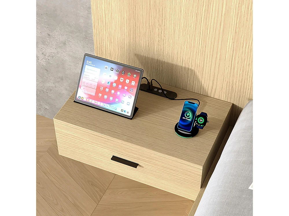 Lit double 180 × 200 cm, équipé d'une station de recharge USB et Type-C ainsi que d'une lampe de lecture, avec 2 tables de chevet,chêne clair