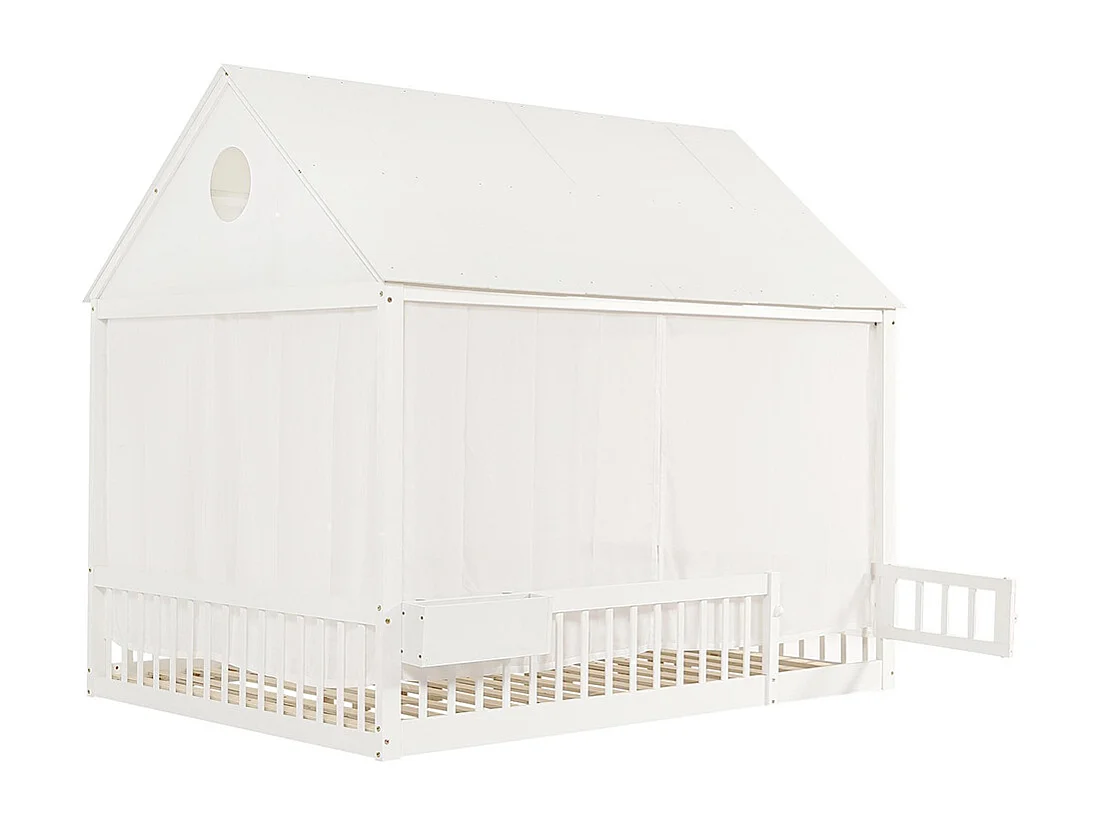 Cama infantil 140 x 200 cm, com uma barra de cortina decorativa branca e um pequeno espaço de arrumação, branca