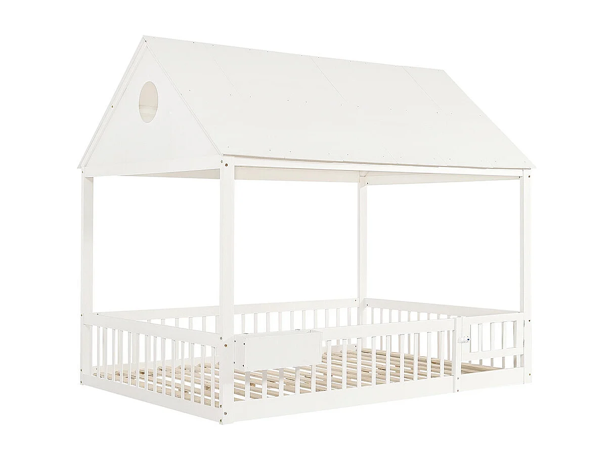 Cama infantil 140 x 200 cm, com uma barra de cortina decorativa branca e um pequeno espaço de arrumação, branca