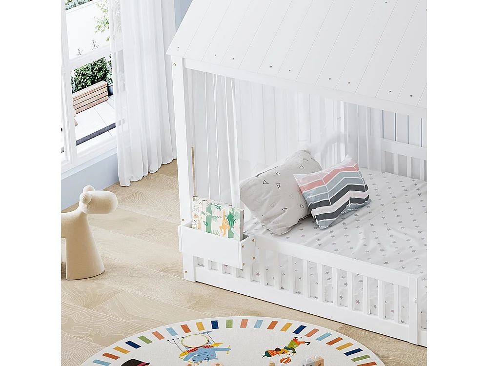 Cama infantil 140 x 200 cm, com uma barra de cortina decorativa branca e um pequeno espaço de arrumação, branca