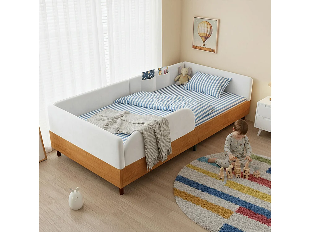 Cama infantil 90 x 200 cm, em veludo e madeira, com 2 bolsos de arrumação, bordas almofadadas flexíveis, branco