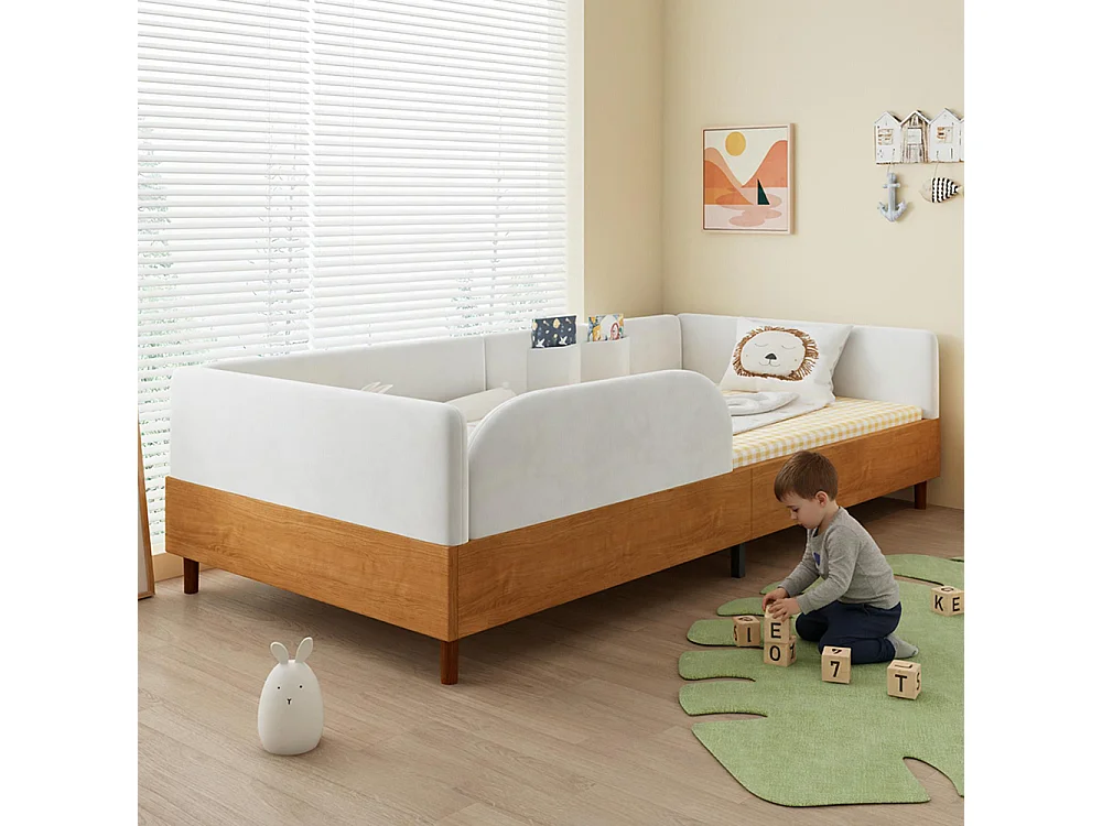 Cama infantil 90 x 200 cm, em veludo e madeira, com 2 bolsos de arrumação, bordas almofadadas flexíveis, branco
