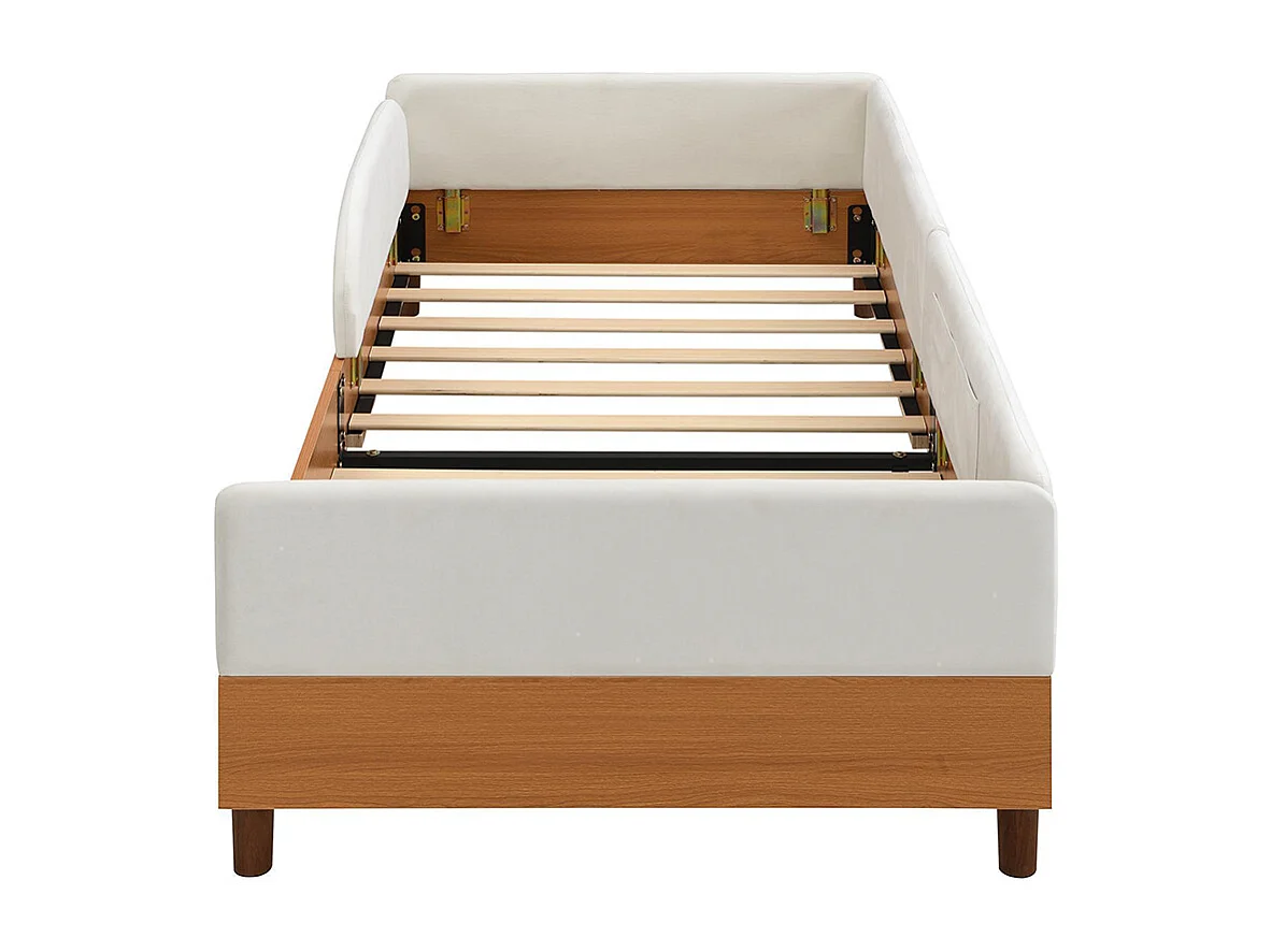 Cama infantil 90 x 200 cm, em veludo e madeira, com 2 bolsos de arrumação, bordas almofadadas flexíveis, branco