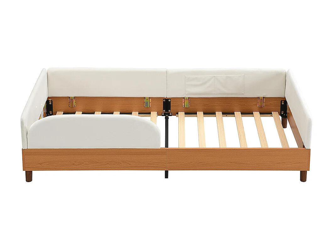 Cama infantil 90 x 200 cm, em veludo e madeira, com 2 bolsos de arrumação, bordas almofadadas flexíveis, branco