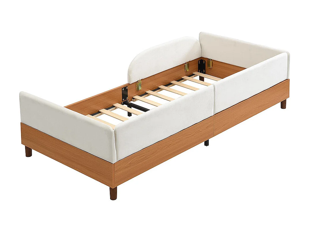 Cama infantil 90 x 200 cm, em veludo e madeira, com 2 bolsos de arrumação, bordas almofadadas flexíveis, branco