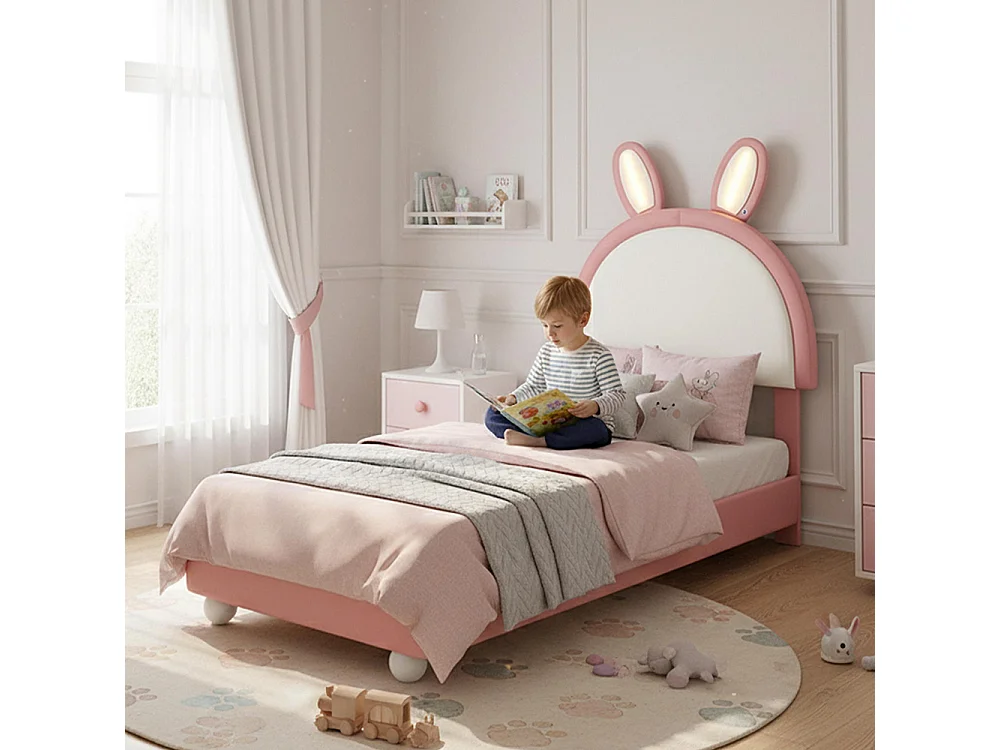 Lit d'enfant 90 x 200 cm, tête de lit en forme de lapin, avec bande lumineuse LED, bordures rembourrées souples anti-chocs, rose et blanc