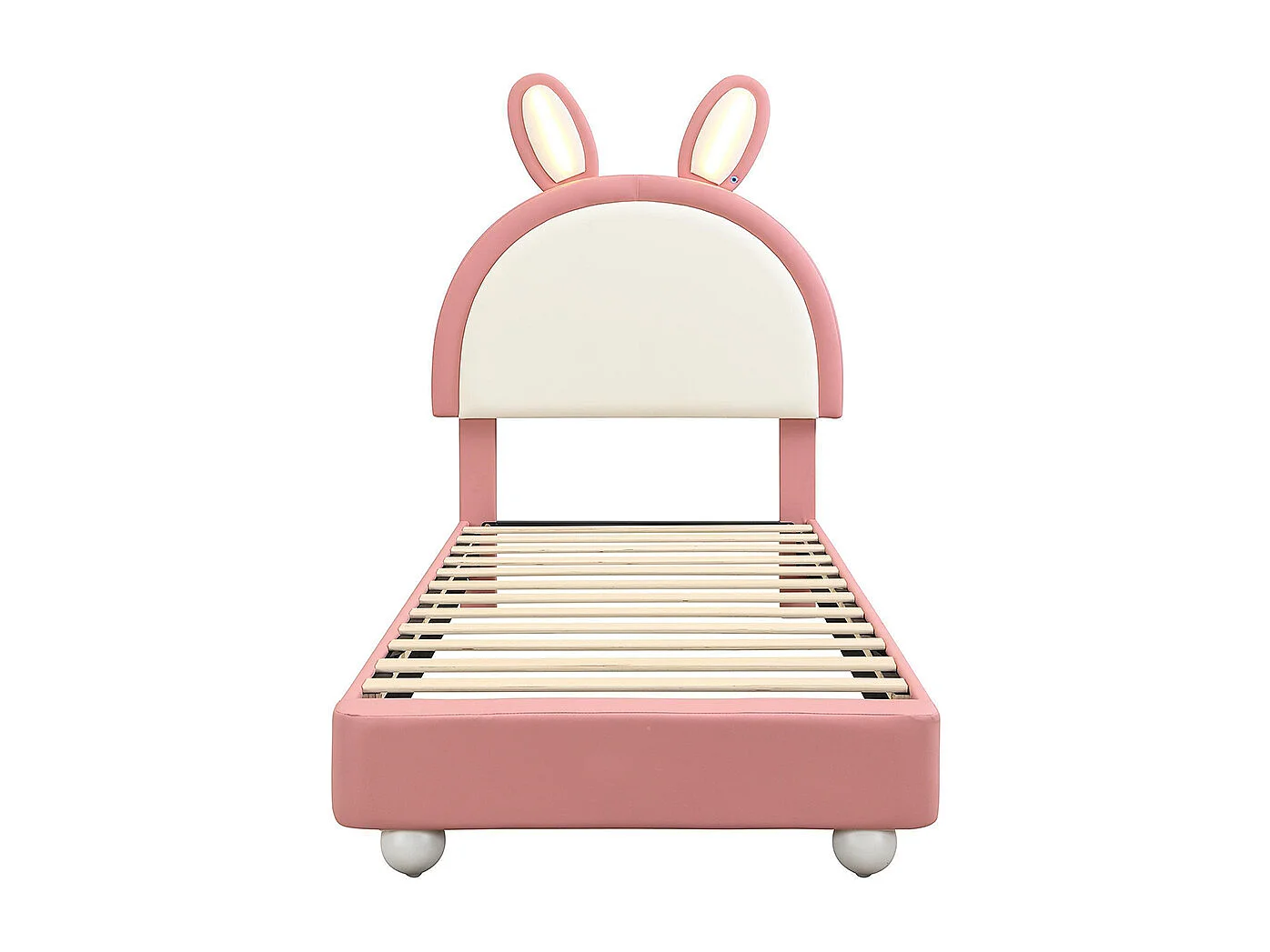 Lit d'enfant 90 x 200 cm, tête de lit en forme de lapin, avec bande lumineuse LED, bordures rembourrées souples anti-chocs, rose et blanc