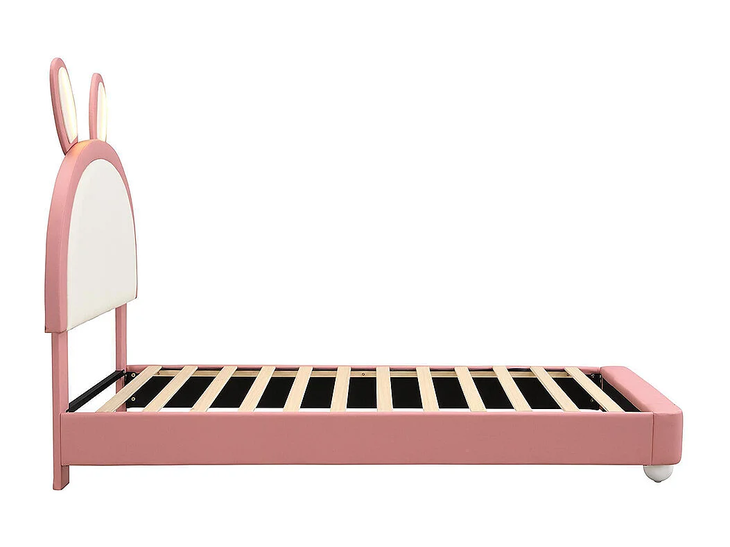 Lit d'enfant 90 x 200 cm, tête de lit en forme de lapin, avec bande lumineuse LED, bordures rembourrées souples anti-chocs, rose et blanc