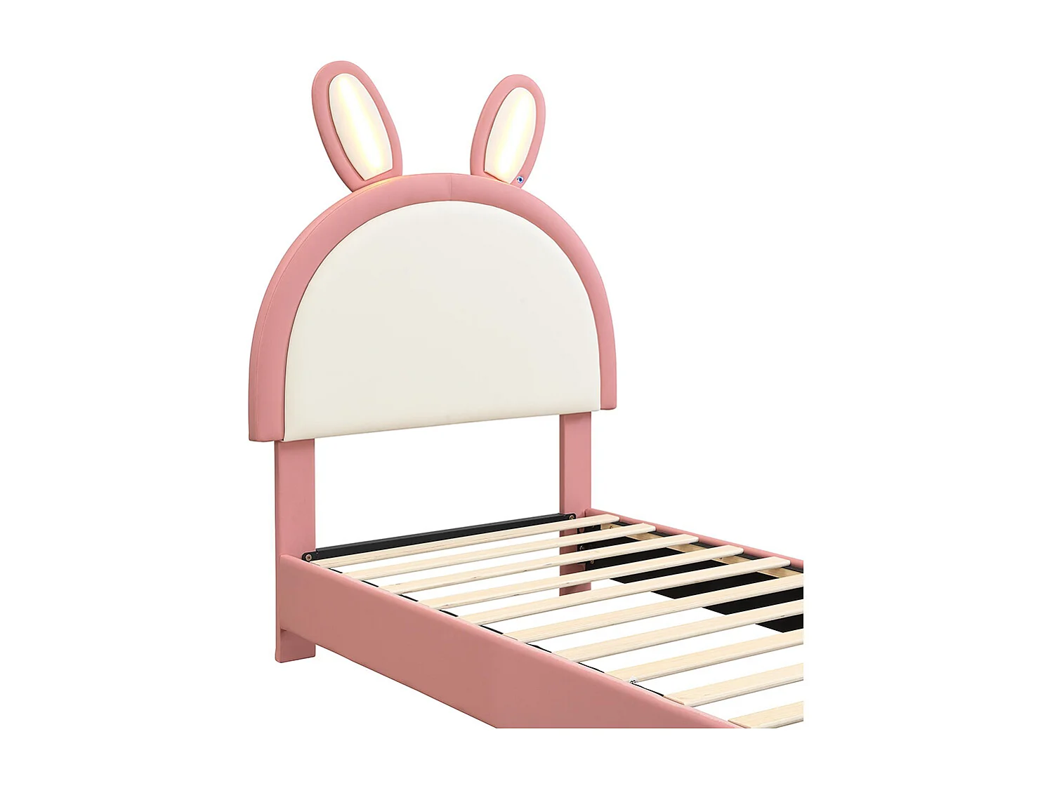 Lit d'enfant 90 x 200 cm, tête de lit en forme de lapin, avec bande lumineuse LED, bordures rembourrées souples anti-chocs, rose et blanc