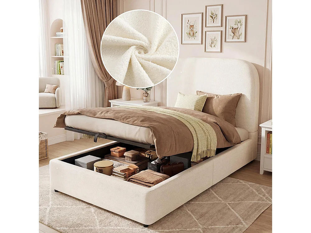 Cama infantil 90 x 200 cm, com base, cabeceira e amplo espaço de arrumação, cor bege