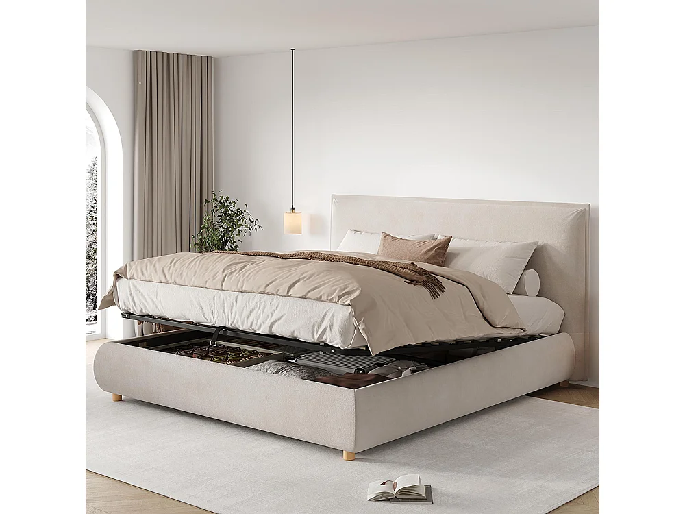 Cama de adulto 180 × 200 cm, com base, cabeceira e amplo espaço de arrumação, em veludo, cor creme