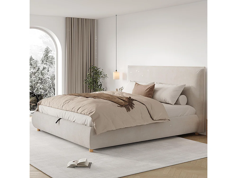 Cama de adulto 180 × 200 cm, com base, cabeceira e amplo espaço de arrumação, em veludo, cor creme
