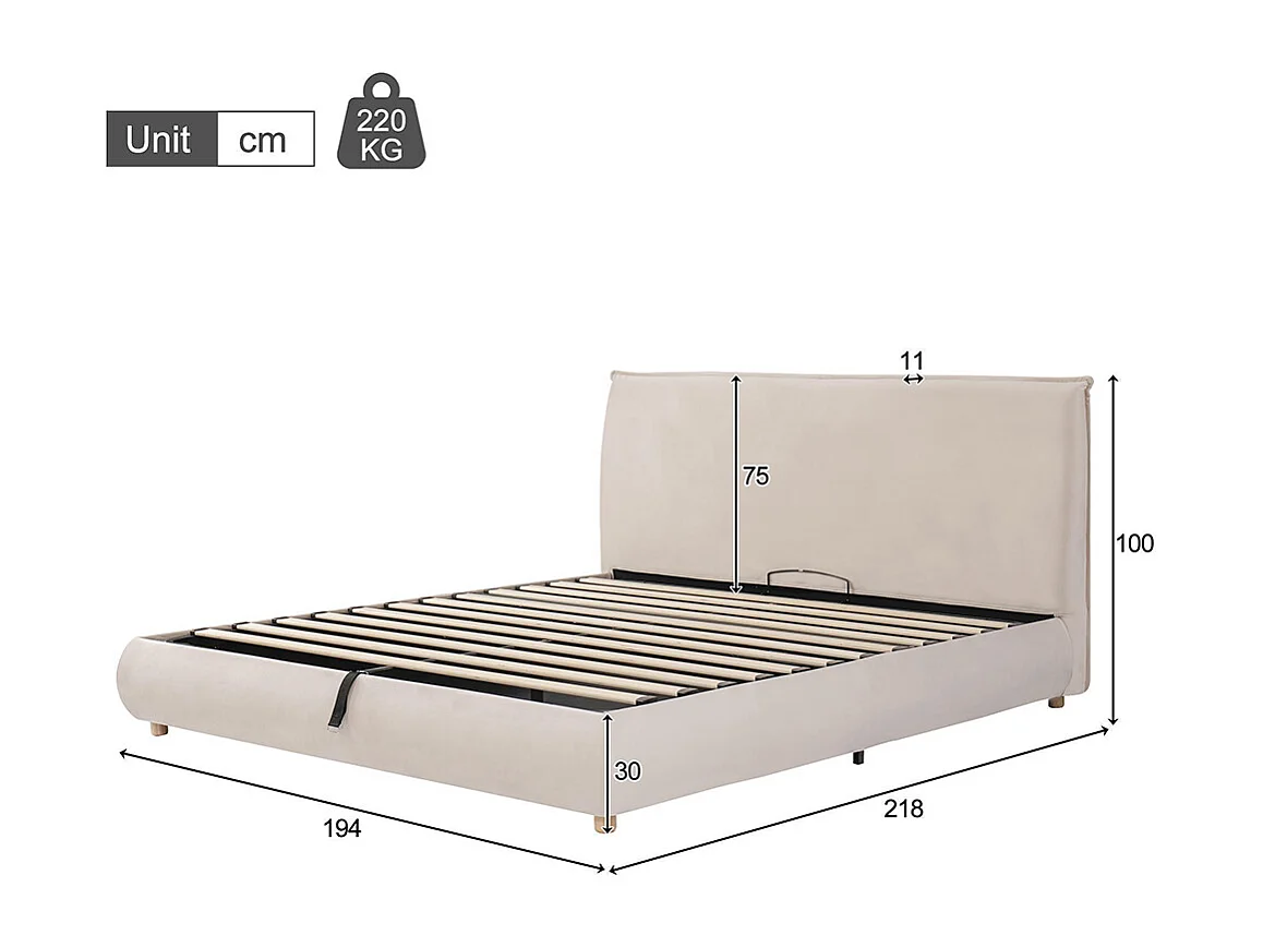 Cama de adulto 180 × 200 cm, com base, cabeceira e amplo espaço de arrumação, em veludo, cor creme