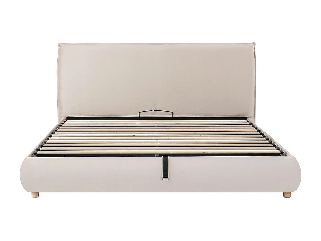 Cama de adulto 180 × 200 cm, com base, cabeceira e amplo espaço de arrumação, em veludo, cor creme