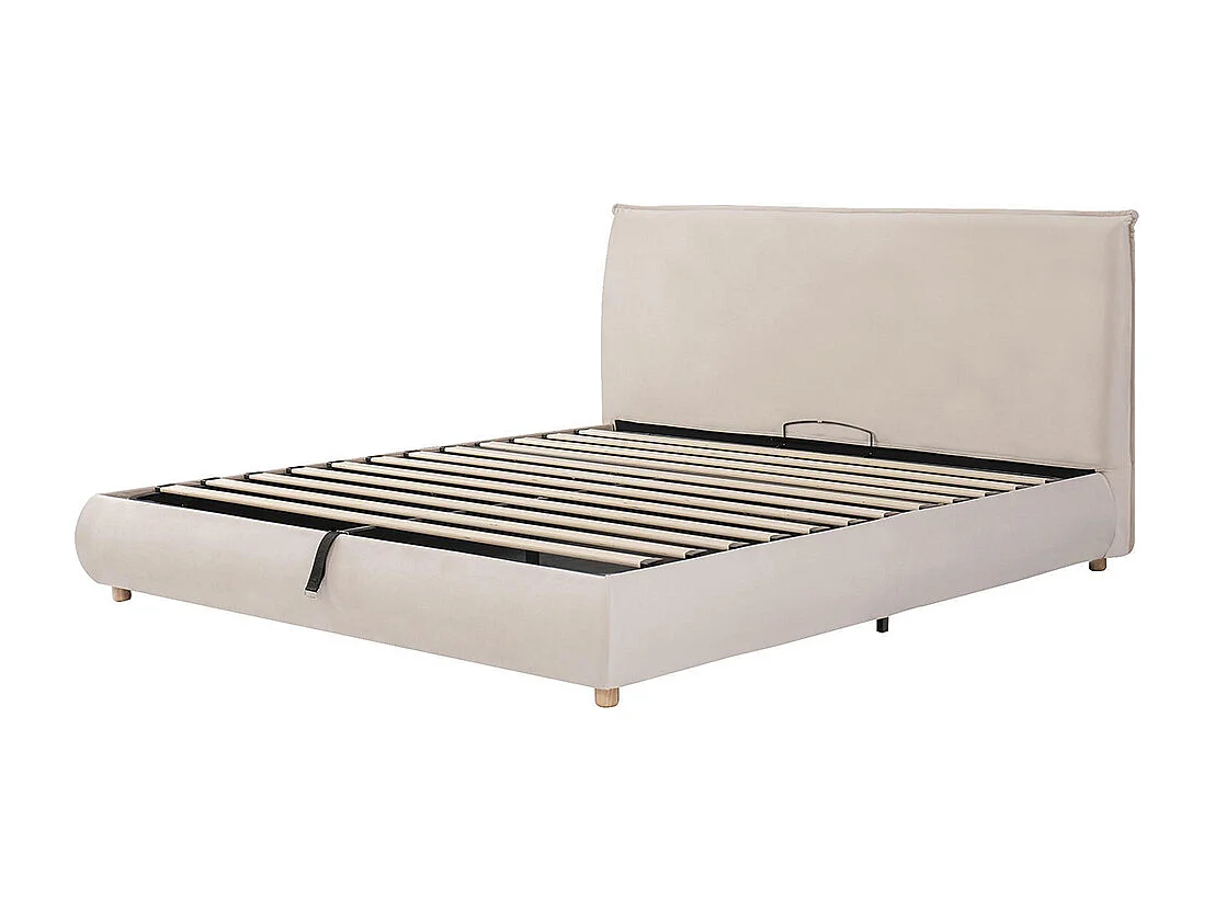 Cama de adulto 180 × 200 cm, com base, cabeceira e amplo espaço de arrumação, em veludo, cor creme