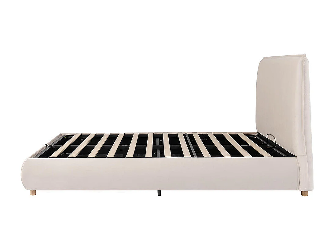 Cama de adulto 180 × 200 cm, com base, cabeceira e amplo espaço de arrumação, em veludo, cor creme