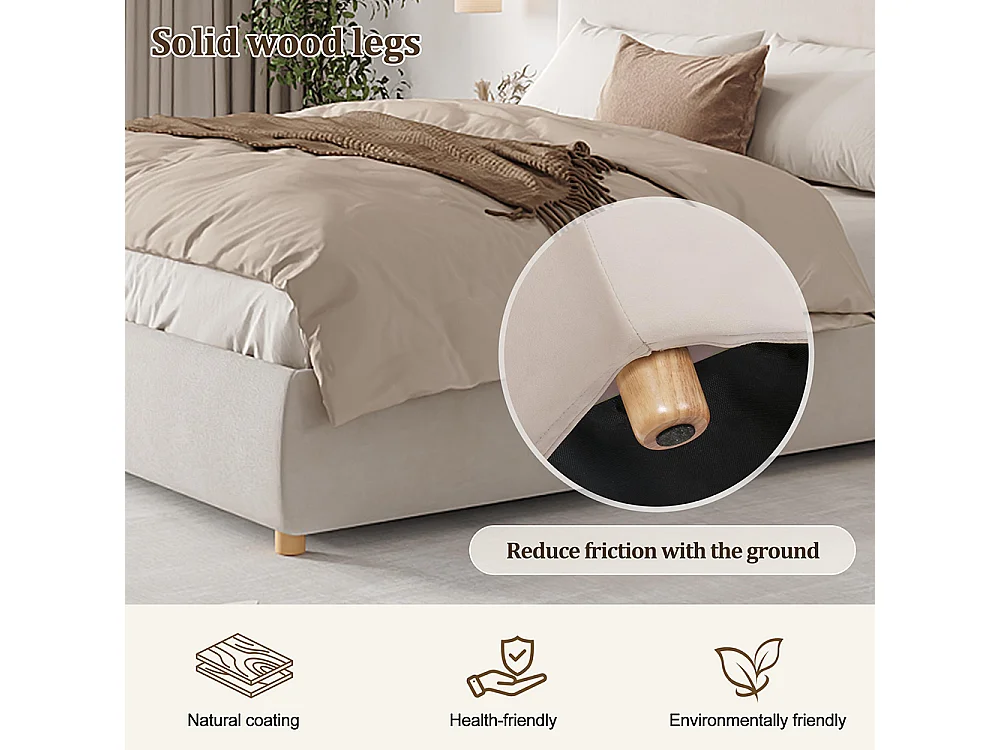 Cama de adulto 180 × 200 cm, com base, cabeceira e amplo espaço de arrumação, em veludo, cor creme