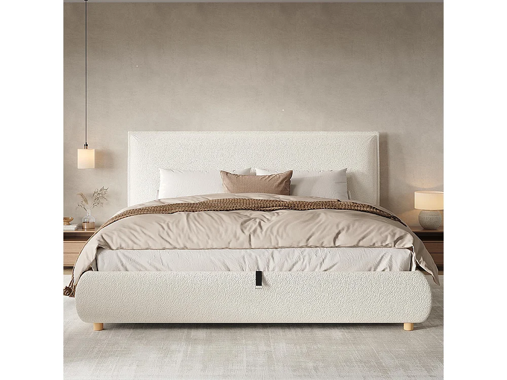 Lit adulte 180 × 200 cm, avec sommier, tête de lit et vaste espace de rangement, pieds en bois massif, tissu bouclé, blanc
