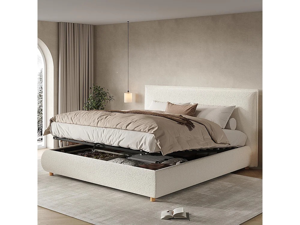 Lit adulte 180 × 200 cm, avec sommier, tête de lit et vaste espace de rangement, pieds en bois massif, tissu bouclé, blanc