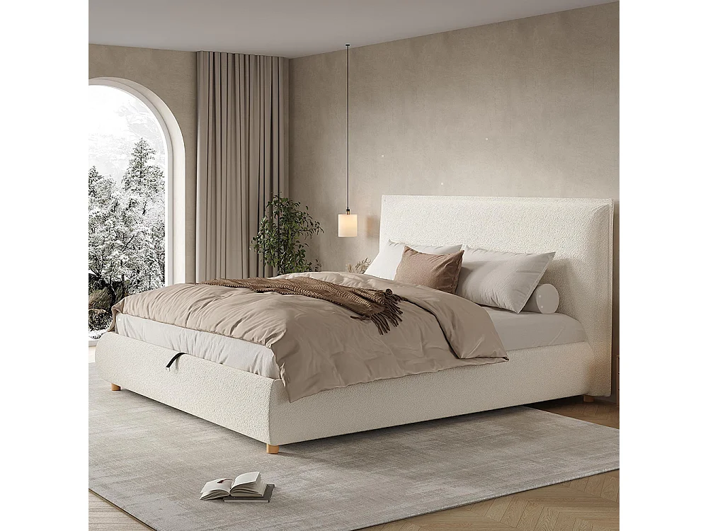 Lit adulte 180 × 200 cm, avec sommier, tête de lit et vaste espace de rangement, pieds en bois massif, tissu bouclé, blanc
