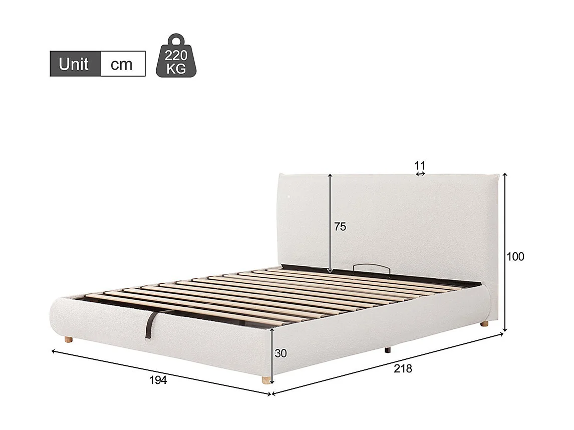 Lit adulte 180 × 200 cm, avec sommier, tête de lit et vaste espace de rangement, pieds en bois massif, tissu bouclé, blanc