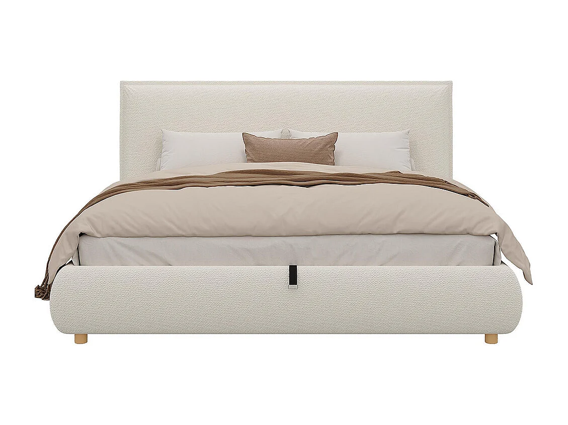 Lit adulte 180 × 200 cm, avec sommier, tête de lit et vaste espace de rangement, pieds en bois massif, tissu bouclé, blanc