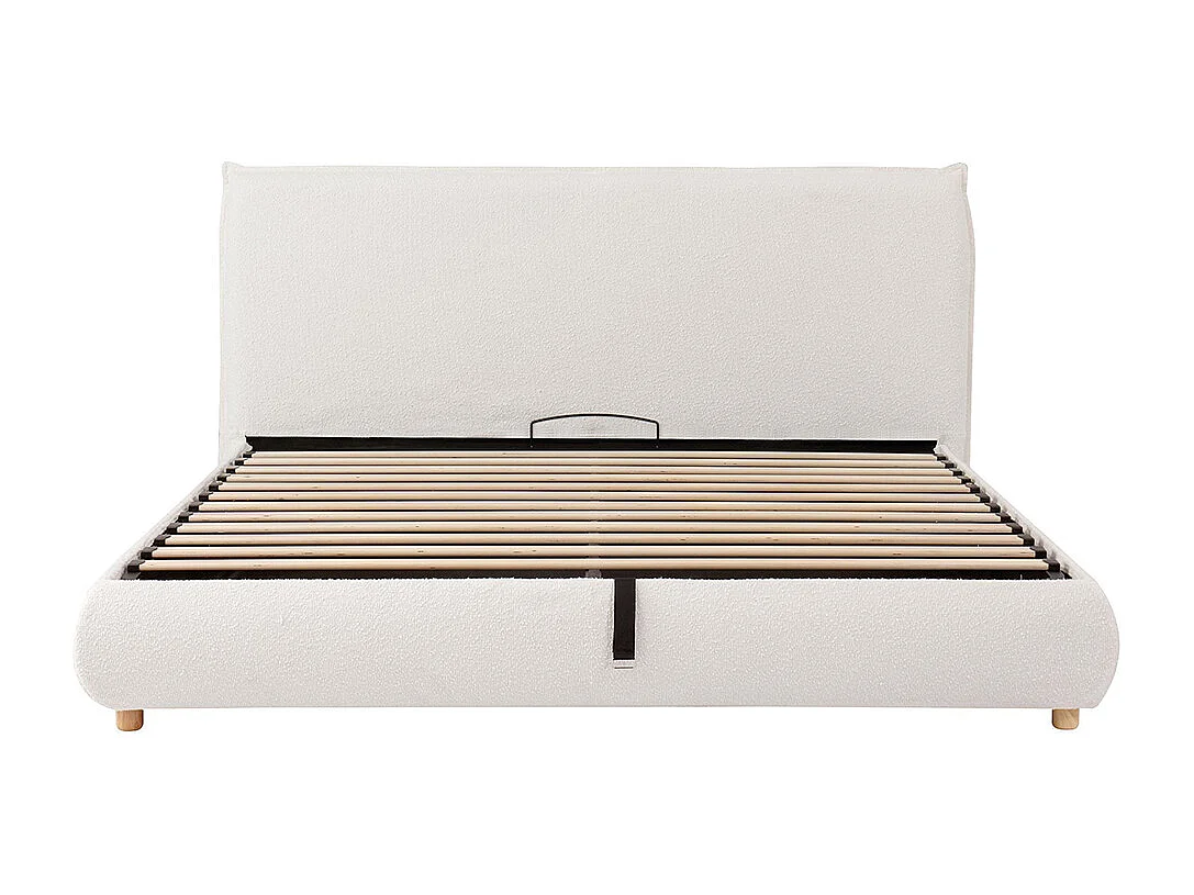 Lit adulte 180 × 200 cm, avec sommier, tête de lit et vaste espace de rangement, pieds en bois massif, tissu bouclé, blanc
