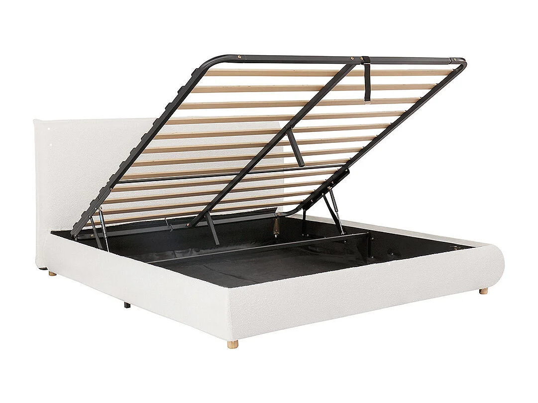 Lit adulte 180 × 200 cm, avec sommier, tête de lit et vaste espace de rangement, pieds en bois massif, tissu bouclé, blanc