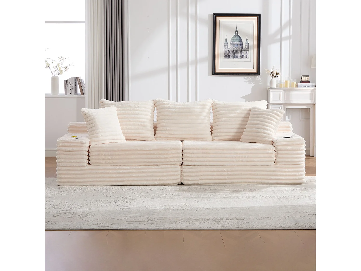 Canapé compact, en velours côtelé, avec coussins supplémentaires, poches de rangement sur les côtés et porte-gobelets, beige