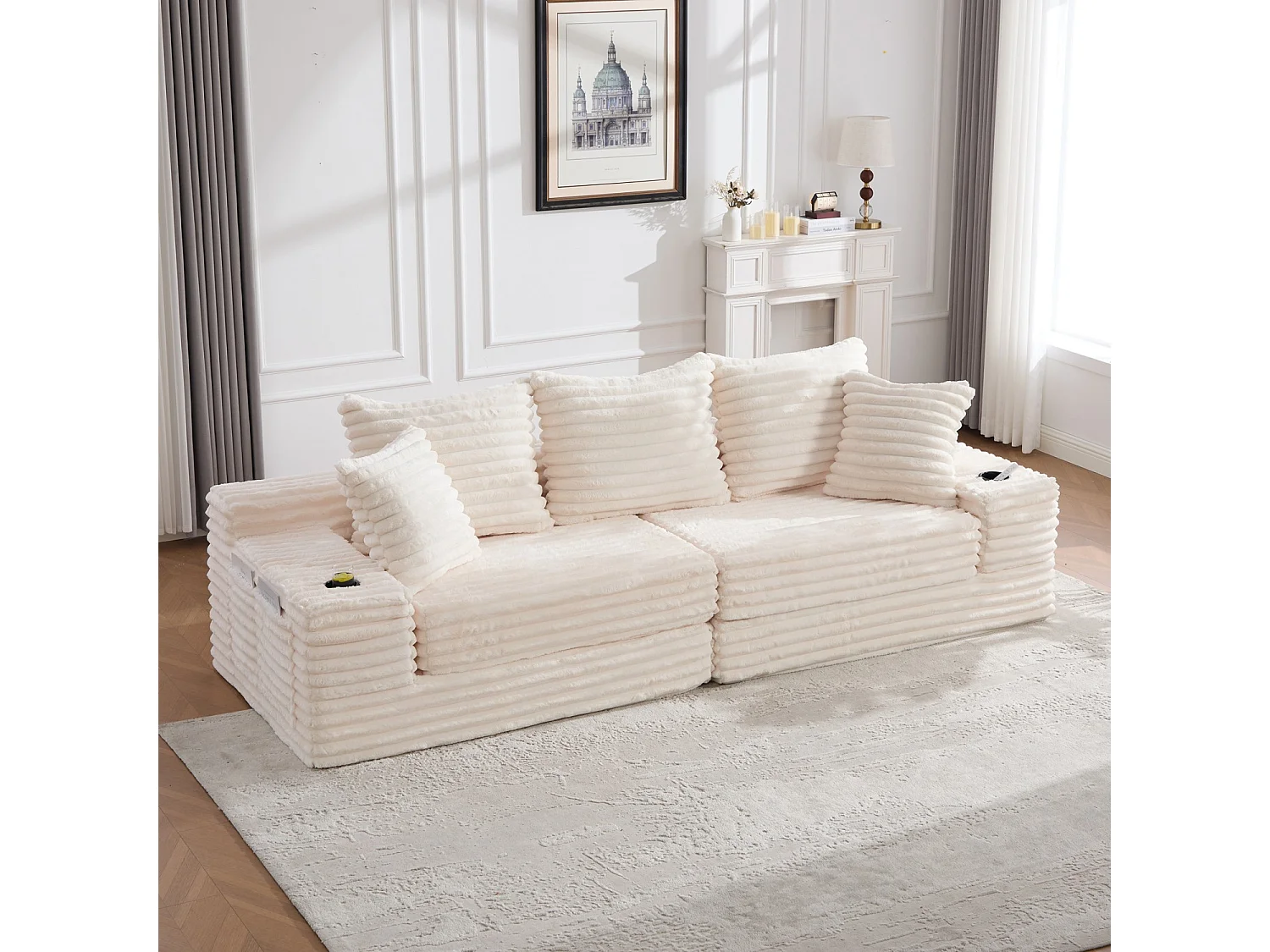 Canapé compact, en velours côtelé, avec coussins supplémentaires, poches de rangement sur les côtés et porte-gobelets, beige