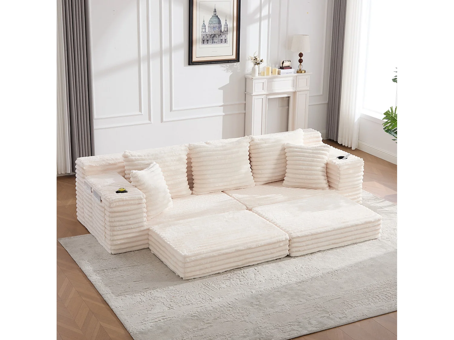 Canapé compact, en velours côtelé, avec coussins supplémentaires, poches de rangement sur les côtés et porte-gobelets, beige