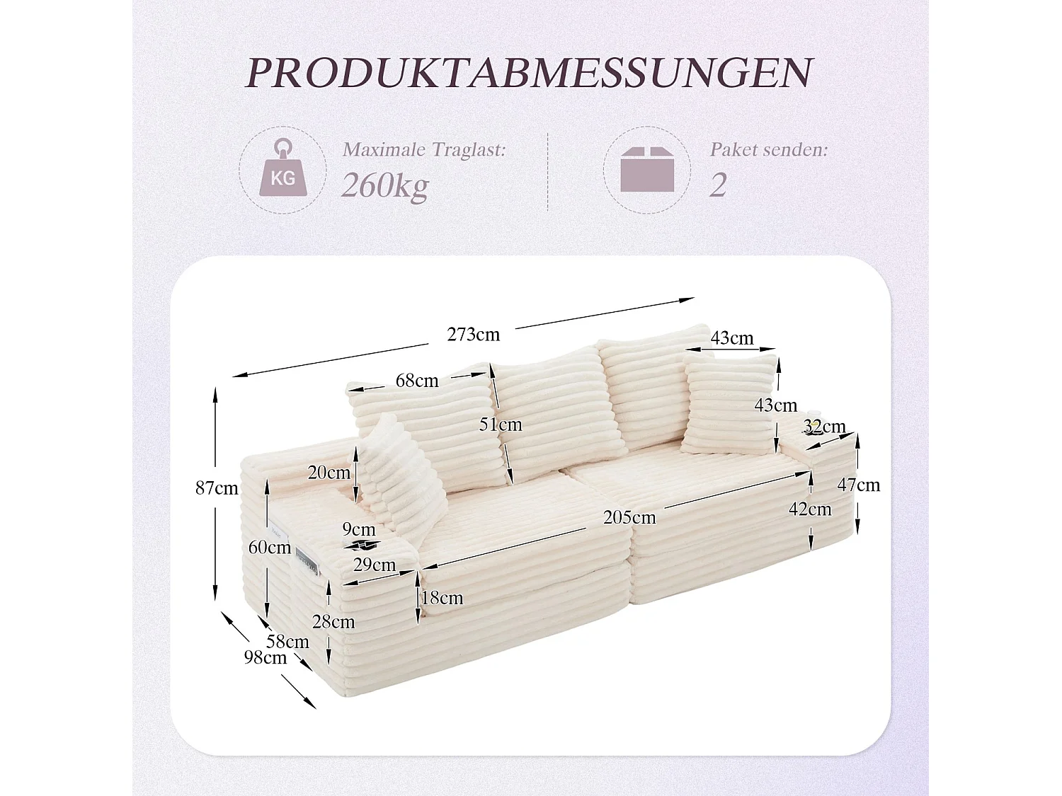 Canapé compact, en velours côtelé, avec coussins supplémentaires, poches de rangement sur les côtés et porte-gobelets, beige