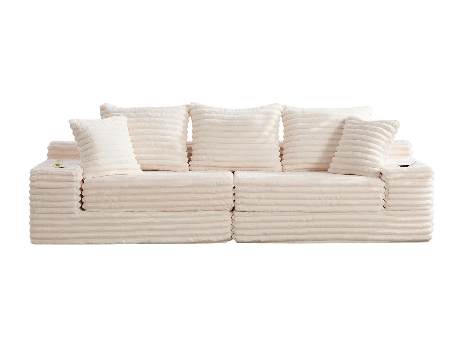 Canapé compact, en velours côtelé, avec coussins supplémentaires, poches de rangement sur les côtés et porte-gobelets, beige