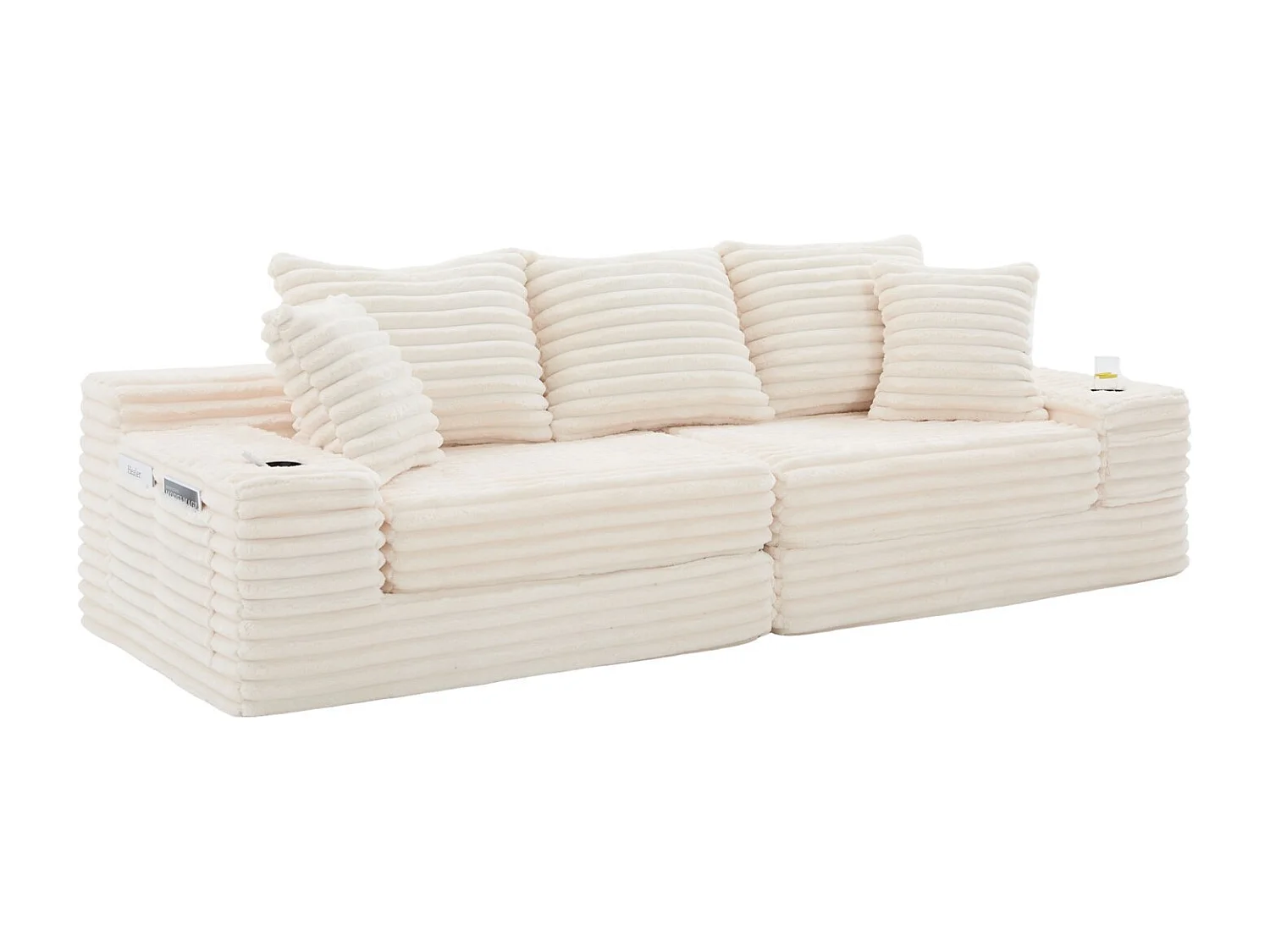 Canapé compact, en velours côtelé, avec coussins supplémentaires, poches de rangement sur les côtés et porte-gobelets, beige