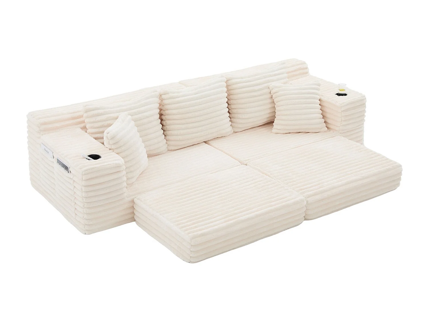Canapé compact, en velours côtelé, avec coussins supplémentaires, poches de rangement sur les côtés et porte-gobelets, beige