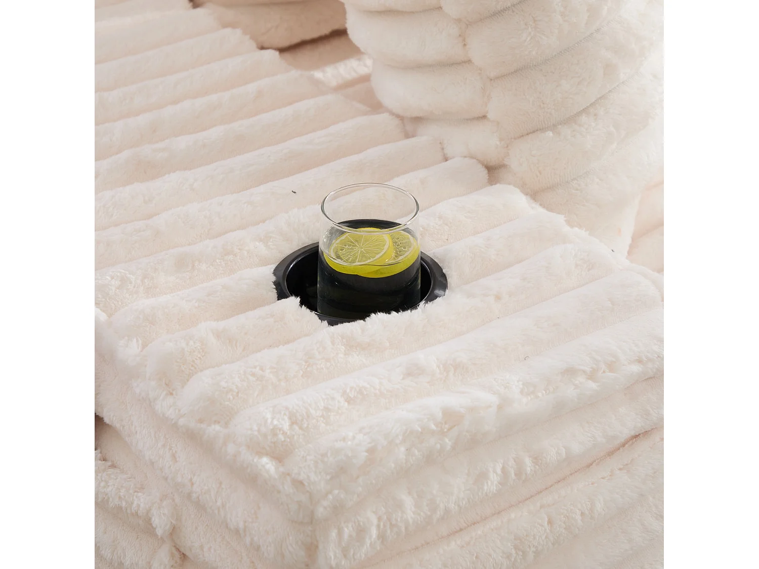 Canapé compact, en velours côtelé, avec coussins supplémentaires, poches de rangement sur les côtés et porte-gobelets, beige
