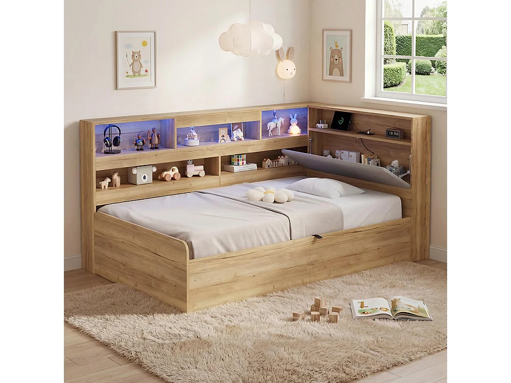Lit d'enfant, en bois massif, avec port USB et éclairage LED, couleur bois naturel - 90 x 200 cm