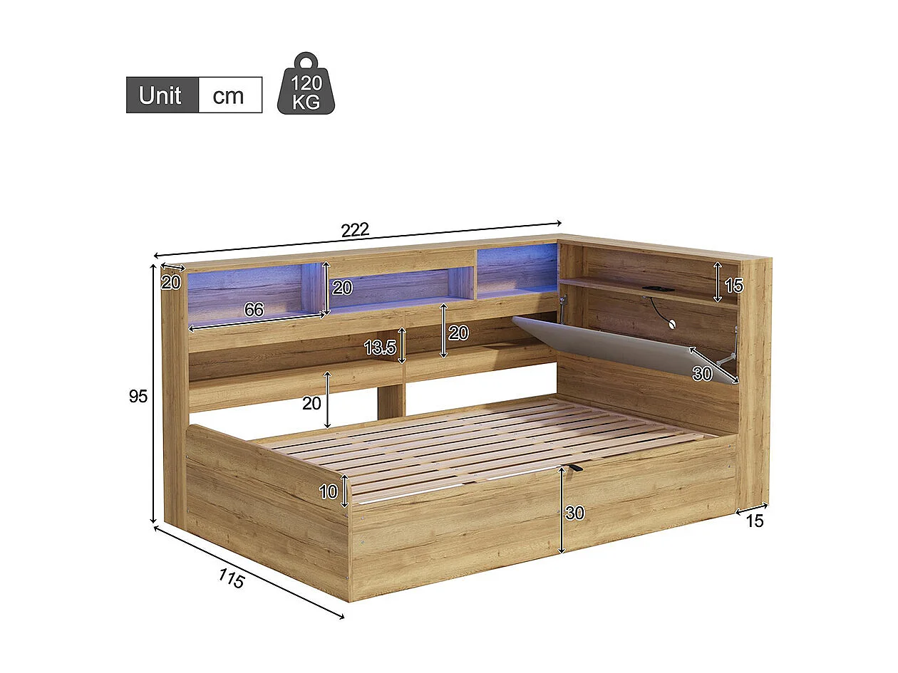 Lit d'enfant, en bois massif, avec port USB et éclairage LED, couleur bois naturel - 90 x 200 cm