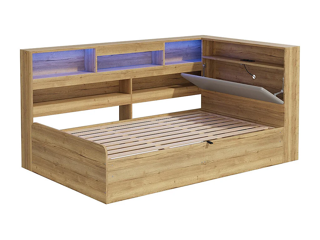 Lit d'enfant, en bois massif, avec port USB et éclairage LED, couleur bois naturel - 90 x 200 cm