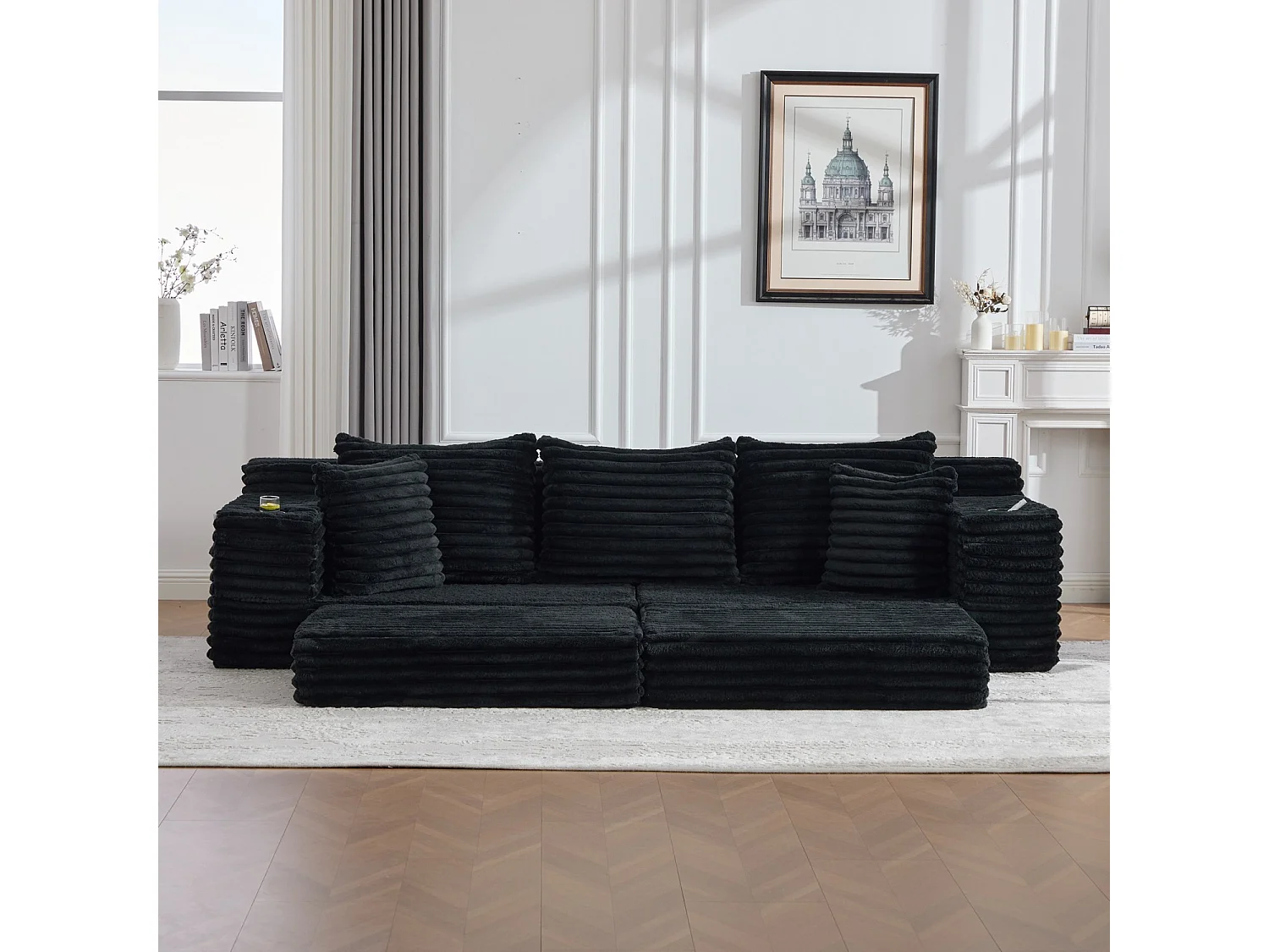 Canapé compact, en velours côtelé, avec coussins supplémentaires, poches de rangement sur les côtés et porte-gobelets, Noir