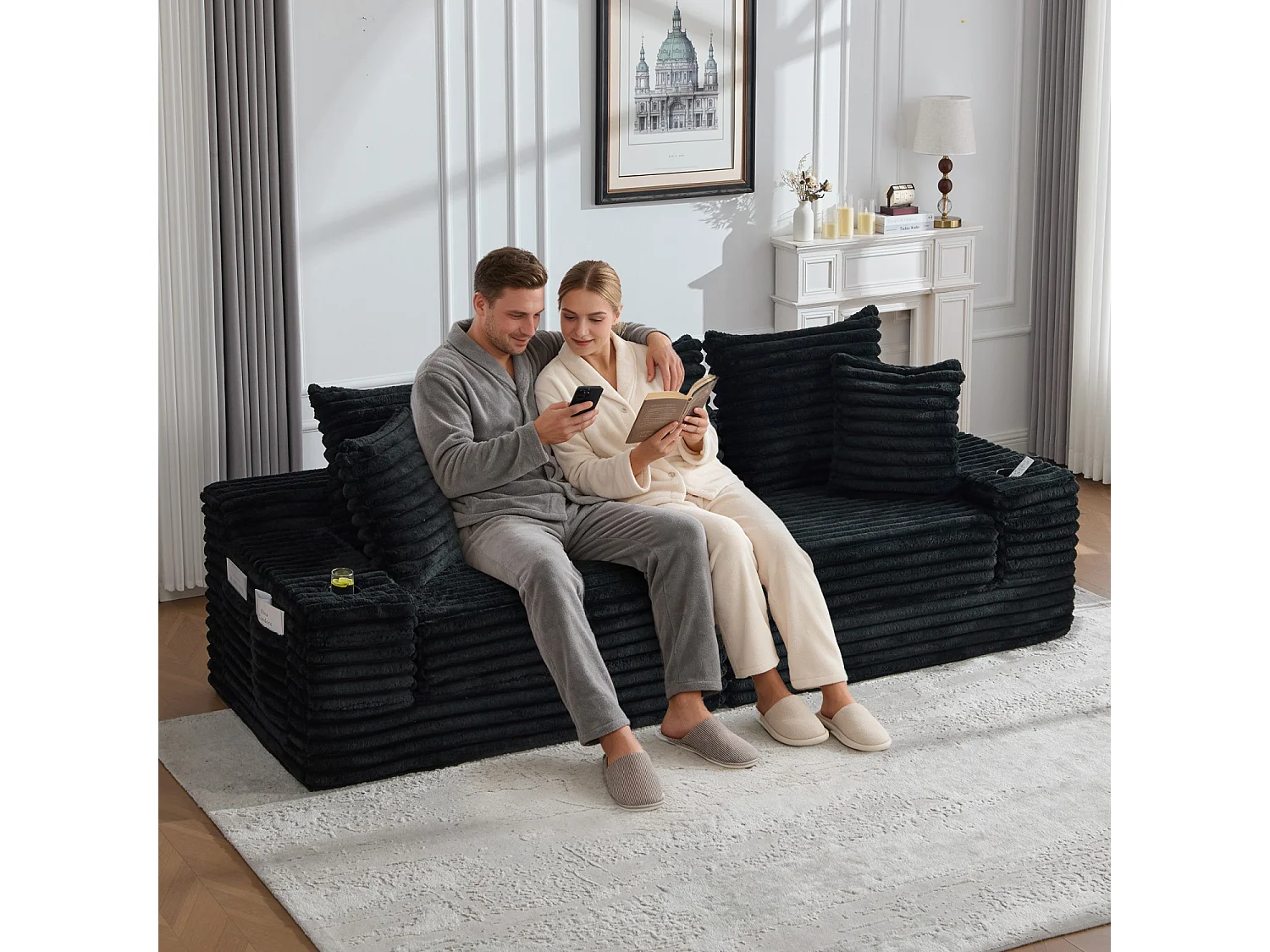 Canapé compact, en velours côtelé, avec coussins supplémentaires, poches de rangement sur les côtés et porte-gobelets, Noir