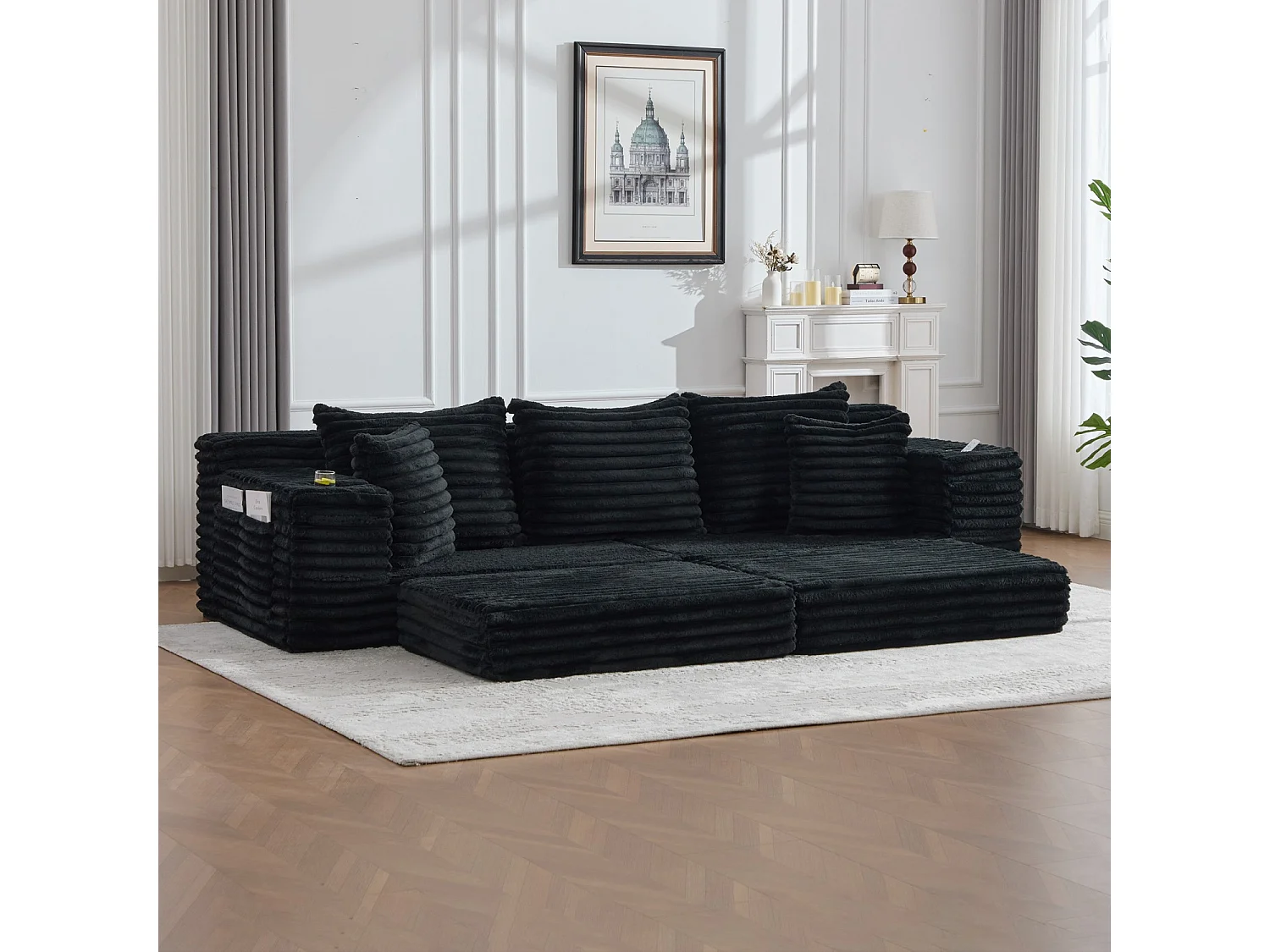 Canapé compact, en velours côtelé, avec coussins supplémentaires, poches de rangement sur les côtés et porte-gobelets, Noir