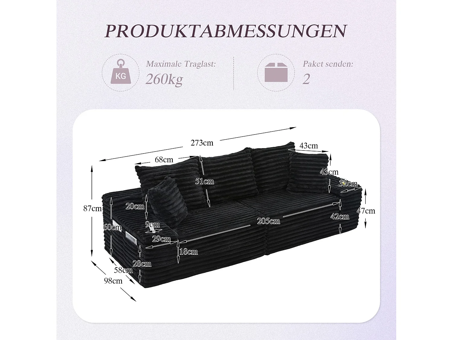 Canapé compact, en velours côtelé, avec coussins supplémentaires, poches de rangement sur les côtés et porte-gobelets, Noir