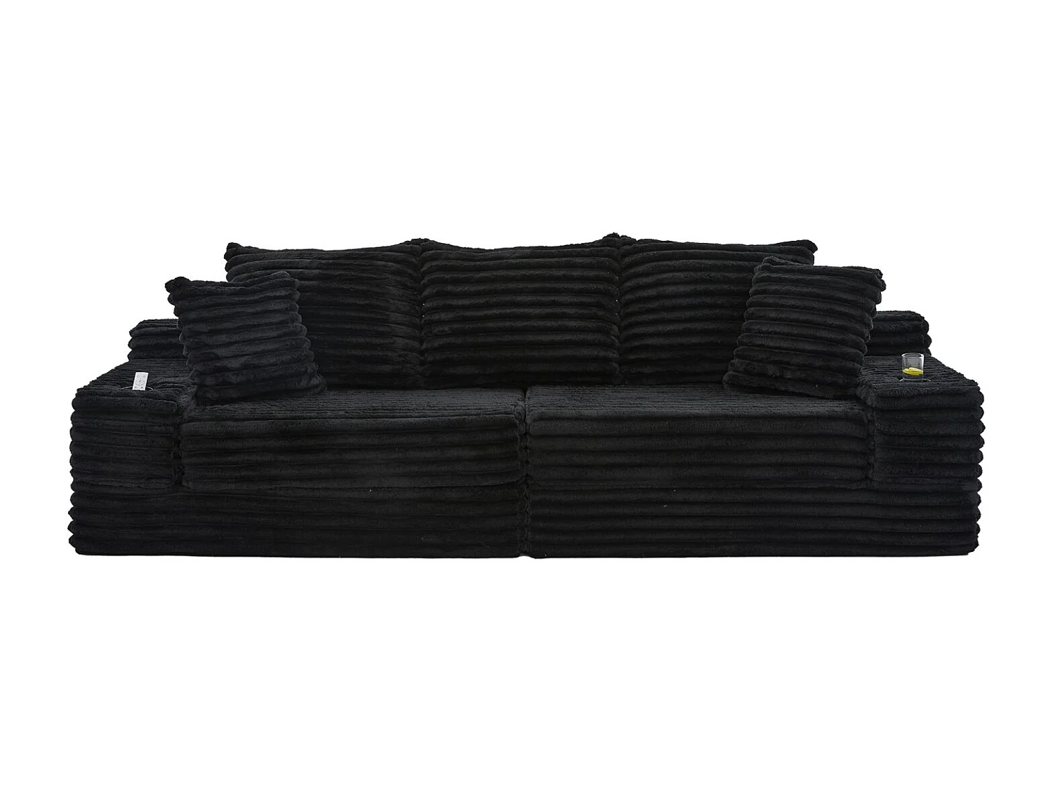 Canapé compact, en velours côtelé, avec coussins supplémentaires, poches de rangement sur les côtés et porte-gobelets, Noir