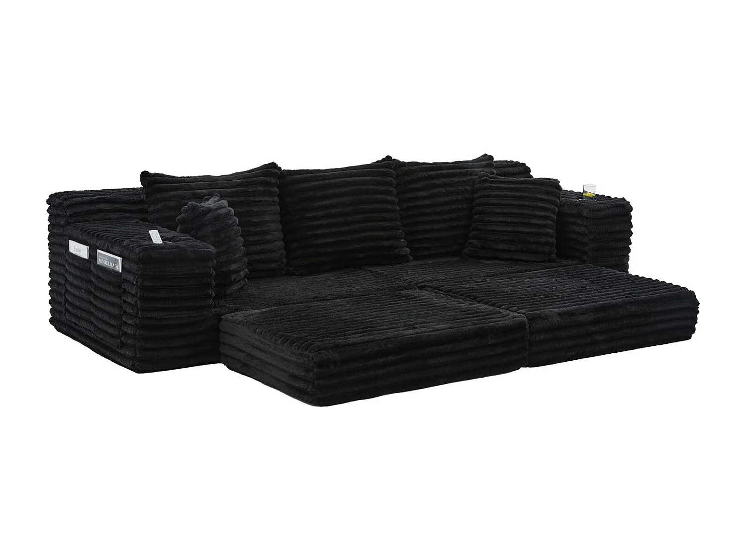 Canapé compact, en velours côtelé, avec coussins supplémentaires, poches de rangement sur les côtés et porte-gobelets, Noir