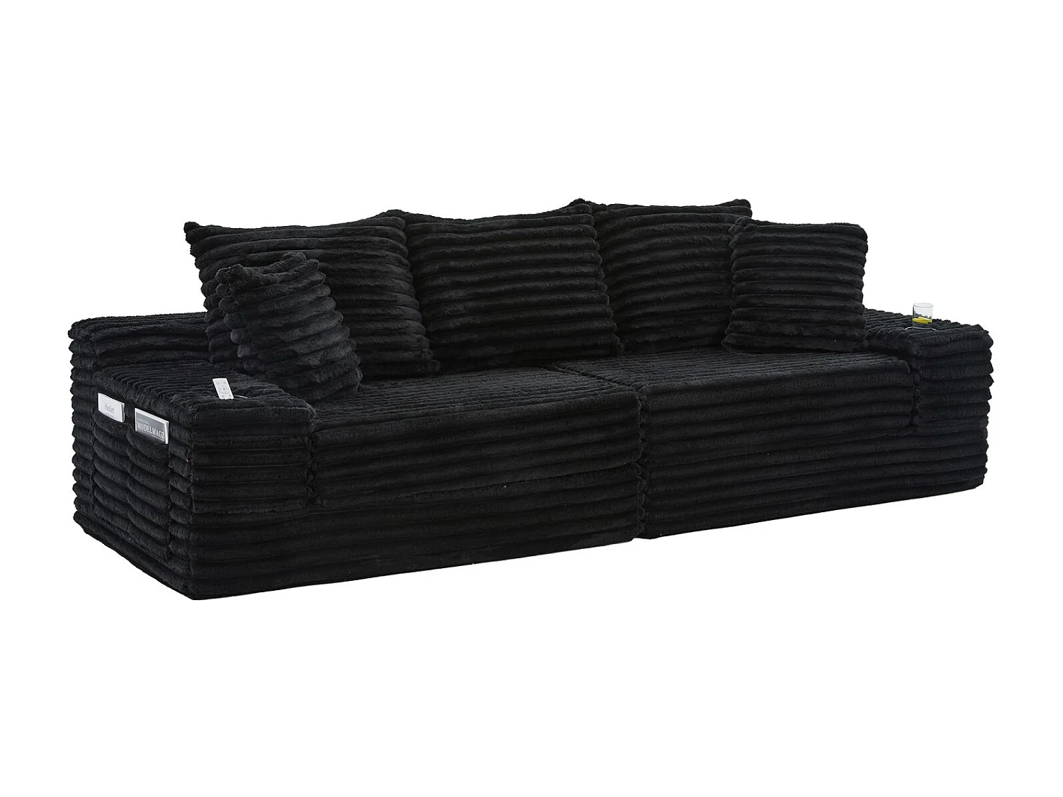 Canapé compact, en velours côtelé, avec coussins supplémentaires, poches de rangement sur les côtés et porte-gobelets, Noir