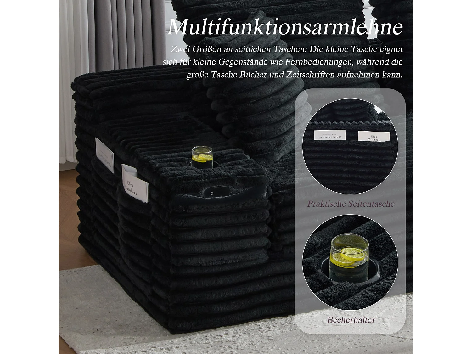 Canapé compact, en velours côtelé, avec coussins supplémentaires, poches de rangement sur les côtés et porte-gobelets, Noir